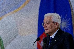 President of Italy Sergio Mattarella gives a keynote talk at the